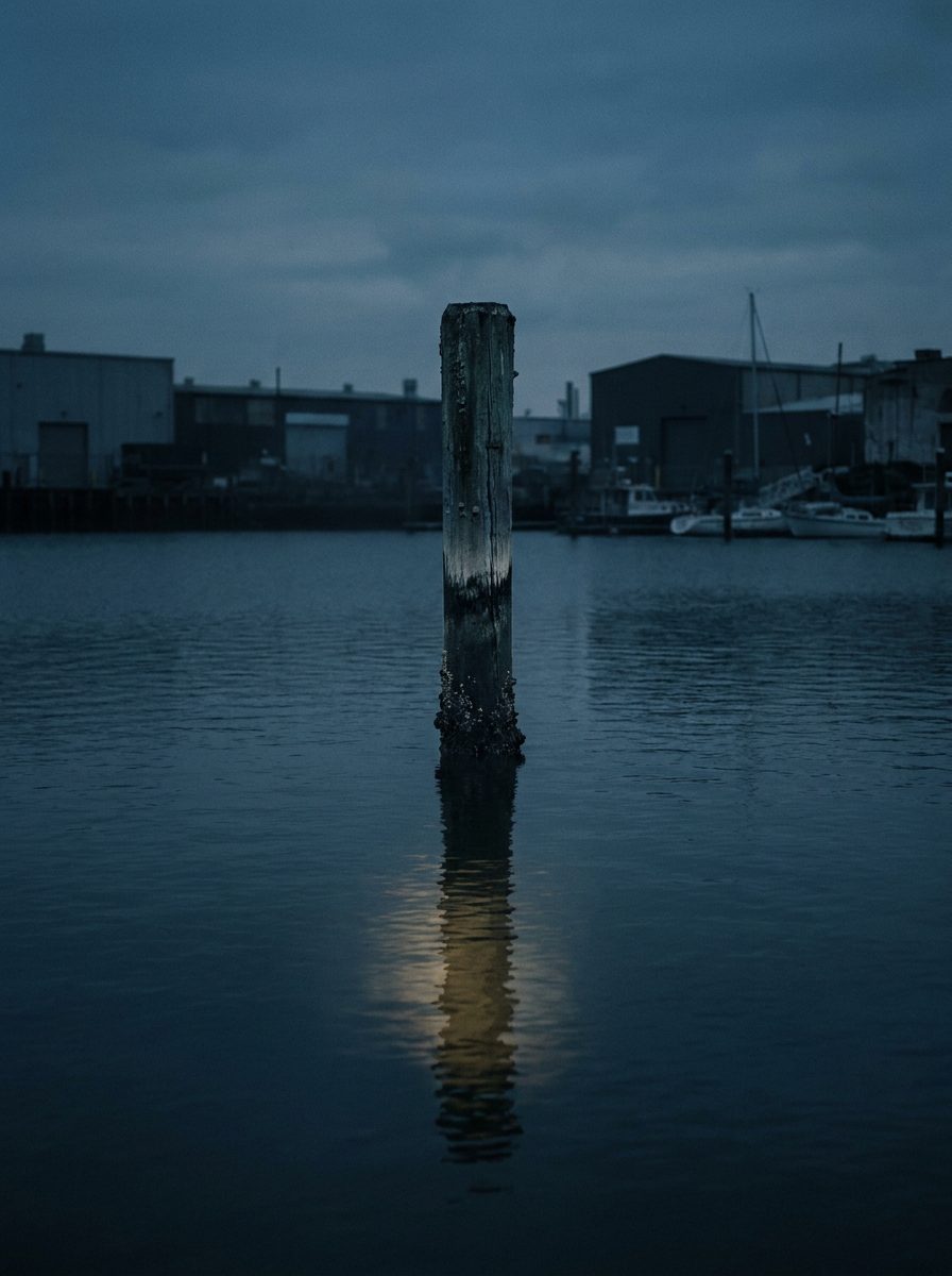 A weathered timber mooring post with tide marks, standing in calm harbor water at dusk